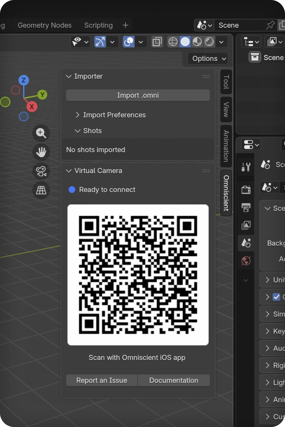 Blender Virtual Camera panel showing the ready QR code