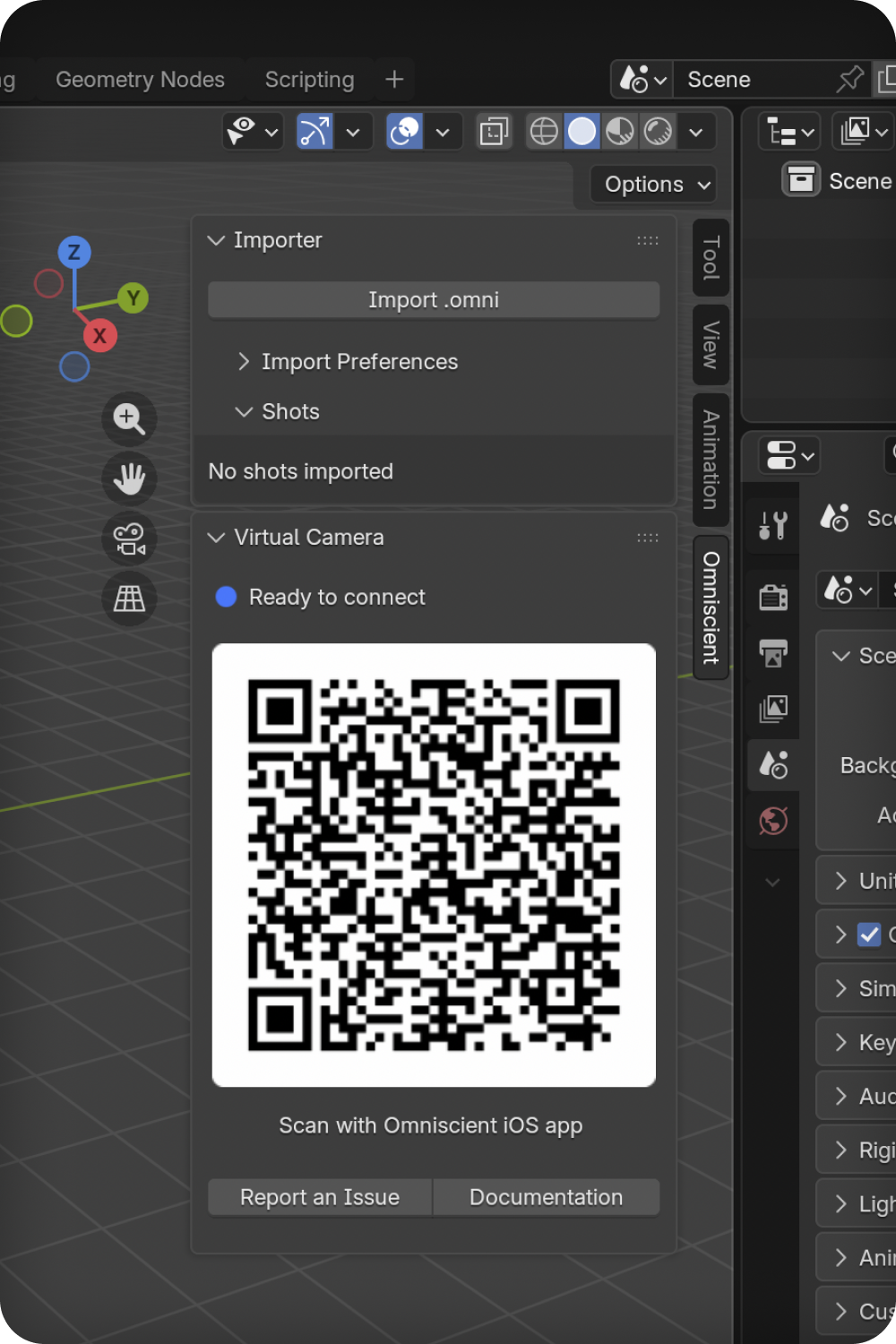 Blender Virtual Camera panel showing the ready QR code