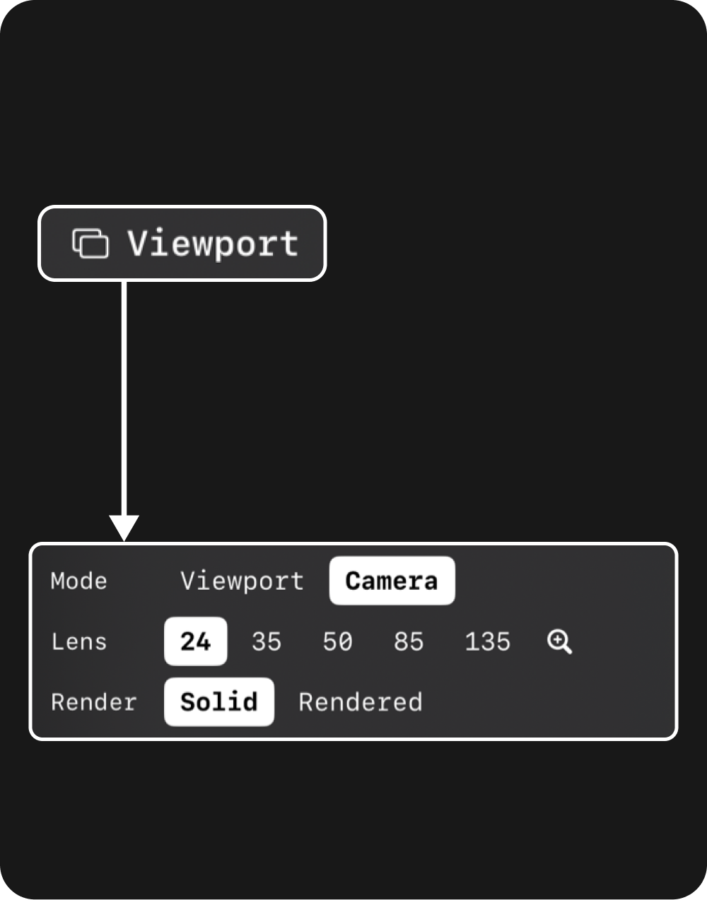 Blender Camera mode menu with lens and render controls