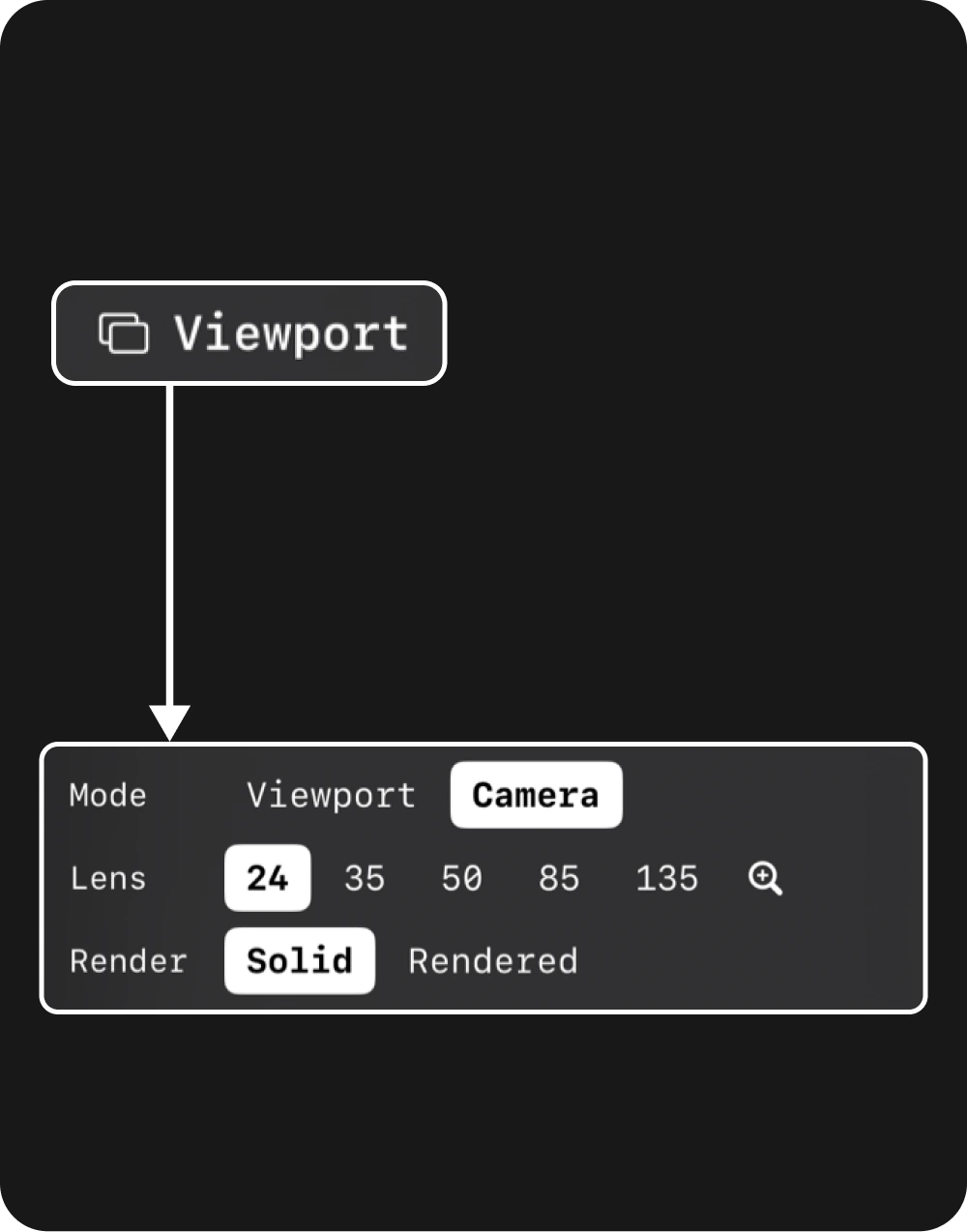 Blender Camera mode menu with lens and render controls