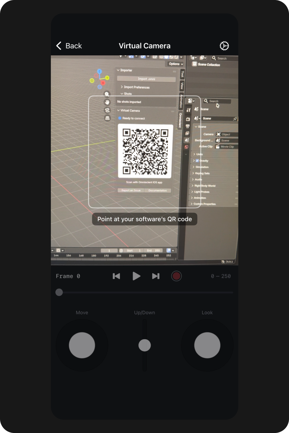 Omniscient QR scanner pointed at the Blender Virtual Camera QR code