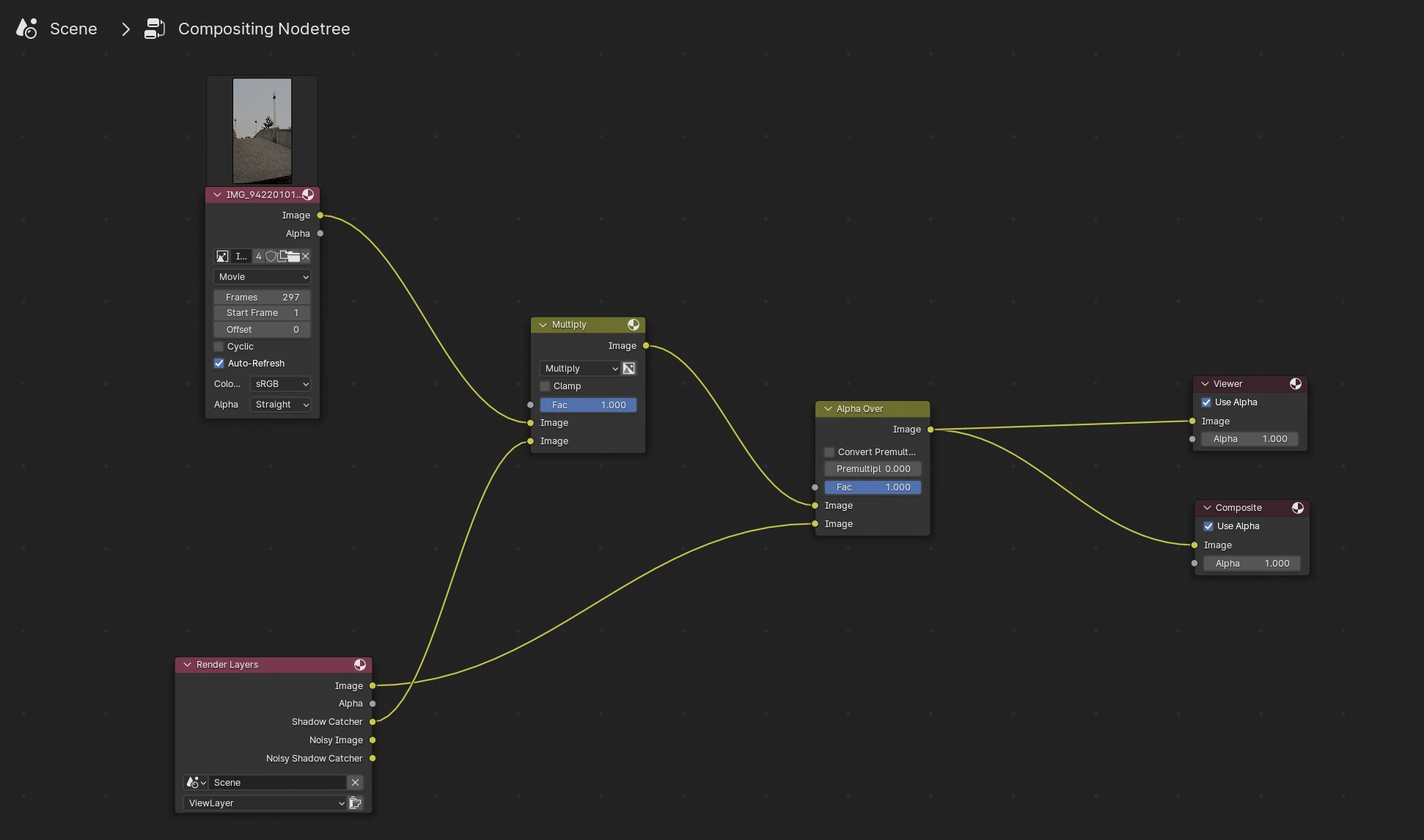 The compositing graph the add-on builds, merging the render over the source footage