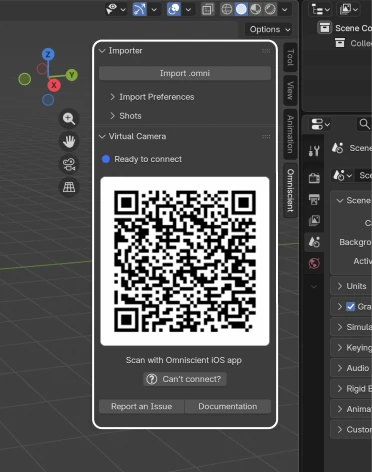 The Omniscient tab in the Blender sidebar, showing the Importer and Virtual Camera panels