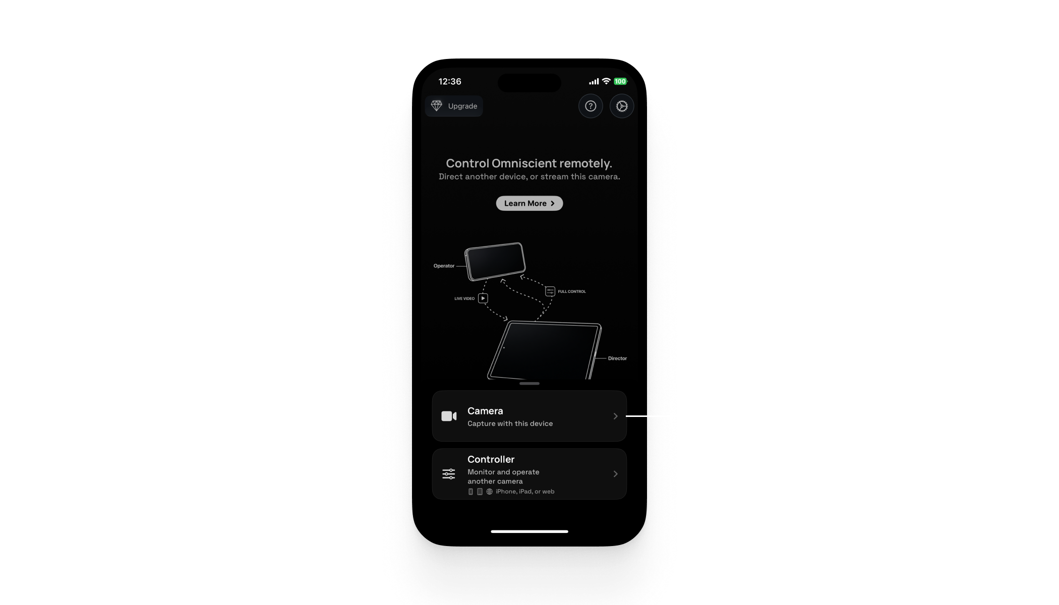 Remote session picker highlighting Camera as the filming device
